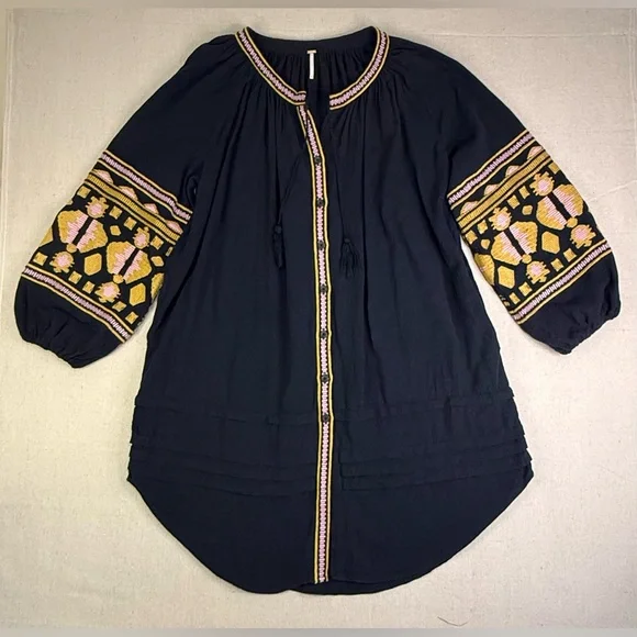D105 Free People Navy Oversized Dress with Yellow Gold Embroidery - Full Sleeves - Picture 1 of 8